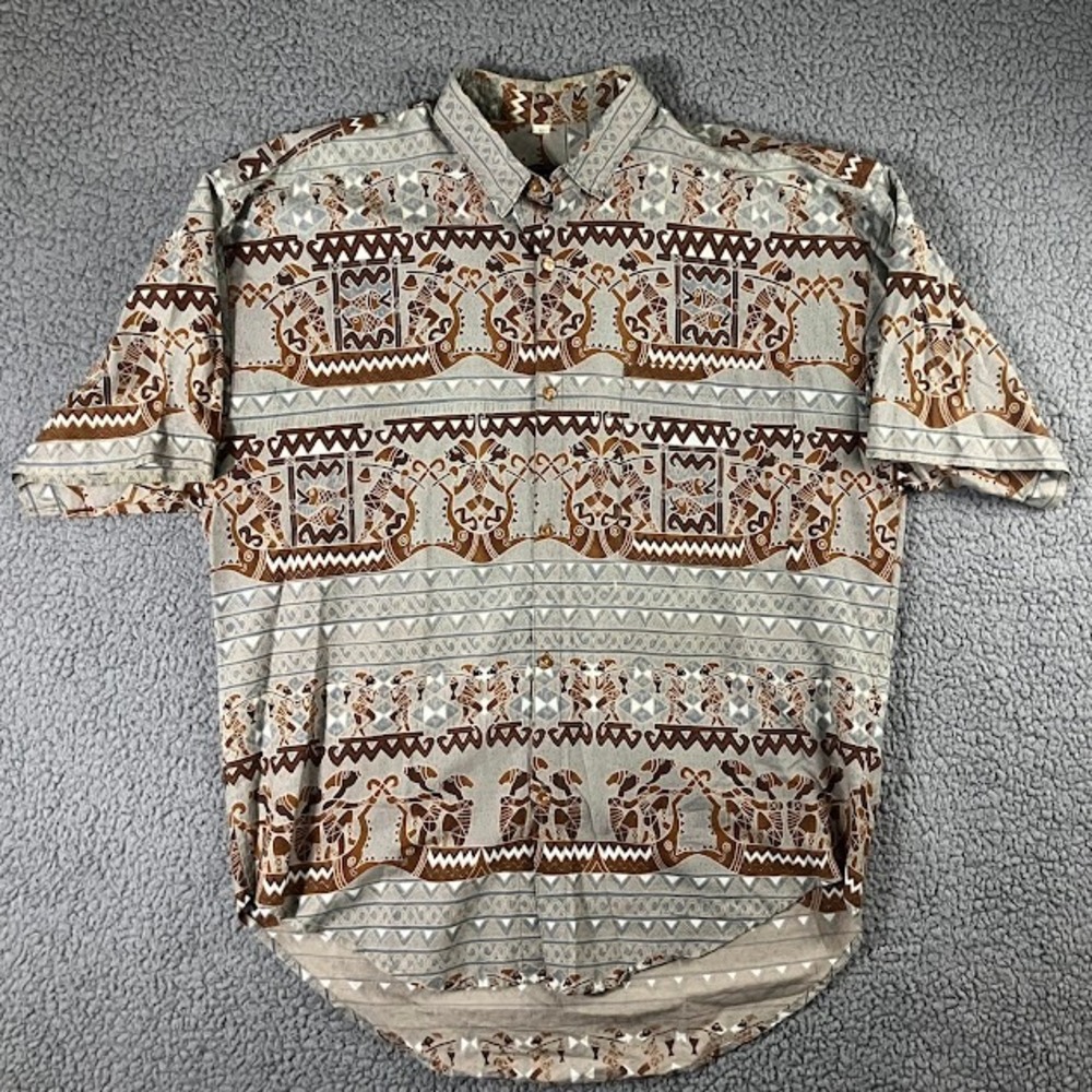 Java Lava Mens Large Tribal Geometric Print Cotton SS Button Down Shirt